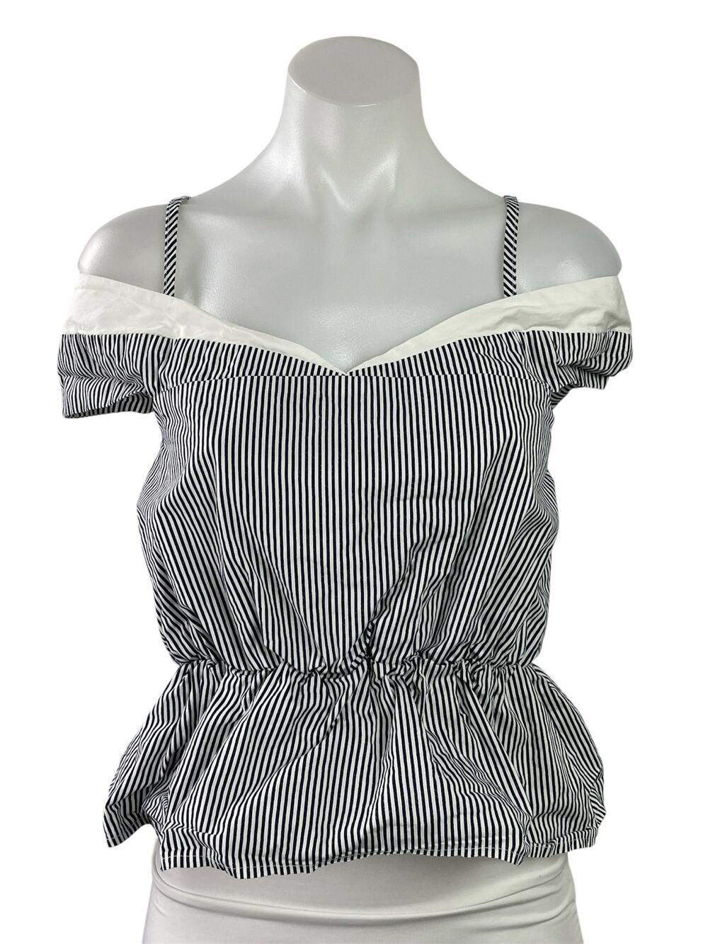 AGIC Women's Black White Striped Cold Shoulder Shirt Peplum Blouse Top Size S